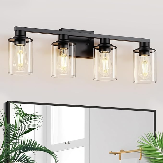 L LOHAS LED 4-Light Bathroom Vanity Lights Over Mirror, 27 Inch Black Bathroom Light Fixtures with Clear Glass Shade, Modern Vanity Lights for Living Room Hallway Bedroom
