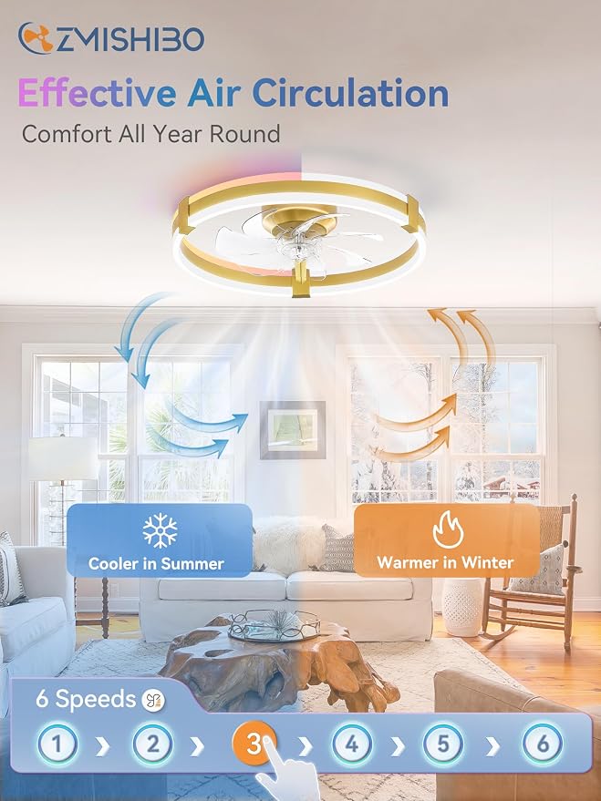 ZMISHIBO 20" RGB Low Profile Ceiling Fans with Lights and Remote, Gold | Custom RGB+3CCT Dimmable, 6 Speeds, Remote/App Control, Reversible DC Motor, Memory, Timer, Modern Fandelier for Kids/Bedroom