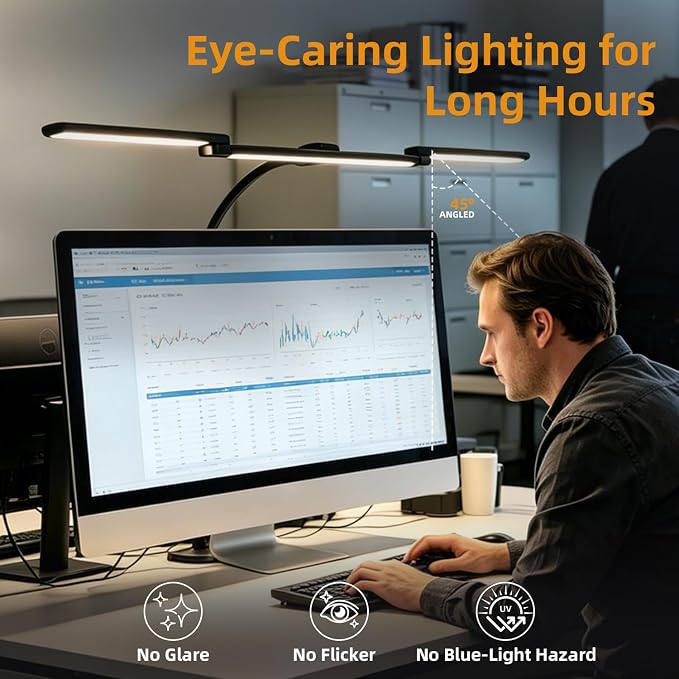 LED Desk Lamp with Clamp for Home Office, Wide Light for Dual Monitors | Wide triple-head lighting with 5 CCT, 10 brightness levels, flexible gooseneck, timer & memory for work or study