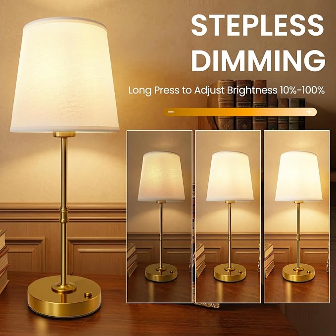 Gold Portable Cordless Table Lamp, Rechargeable Bedside Lamp, Tall | 3000mAh battery, touch stepless dimming, 2700K warm light, fabric shade and USB-C charging for bedroom, nightstand and desk.