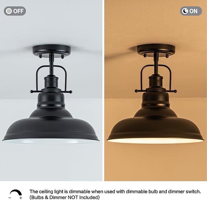 Zlepmlla Famrhouse Ceiling Light, Semi Flush Mount Light Fixture with Metal Dome Shade, Balck Ceiling Light for Hallway, Entryway,Kitchen