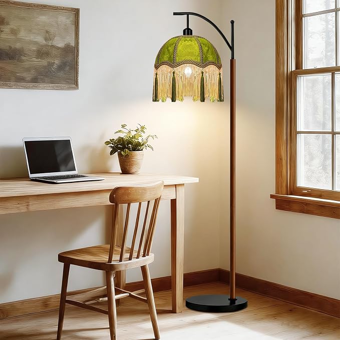ILLMTW Fringe Floor Lamp for Living Room,Bedroom,Victorian Standing Lamp with Remote Dimmable,Green Mid Century Black Arc Tall Lamp Boho Vintage Retro Wood Tassel Flower Unique Lamp Tiffany Decor