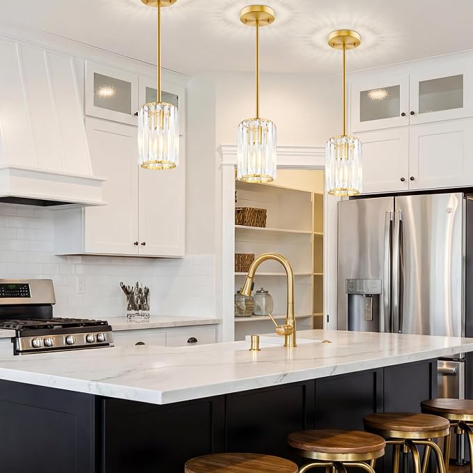 Gold Pendant Light, Modern Crystal Pendant Lights Kitchen Island, Kitchen Island Lighting with Adjustable Height, UL Certified Island Lights for Kitchen Dining Room Bedroom Hallway 3 Pack