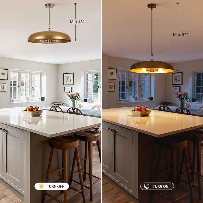 LamQee 20 Inch Oversized Large Pendant Lights, 3-Lights Brushed Gold Modern Dome Chandelier, Farmhouse Metal Pendant Lighting Fixture Ceiling Hanging for Kitchen Island, Dining Room Over Table, Bar
