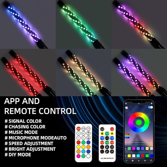 S7 2 Pack 1FT Whip Lights, LED Whip Light with App & Remote Control, Spiral RGB Chasing Lighted Antenna Whips,Whip Light for UTV ATV RZR SXS Can-Am Dune Buggy Offroad Truck (1ft)