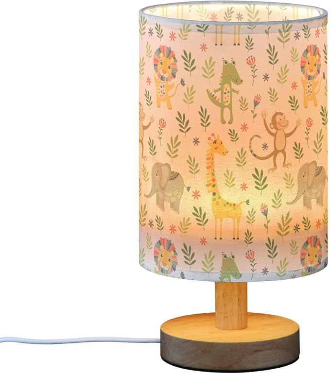 Jungle Animal Pattern Table Lamp with Wood Base and Fabric Shade for Living Room, Bedroom or Kids Room