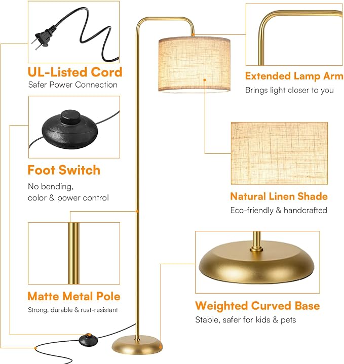 TJOY Floor Lamp, Golden Standing Floor Lamp for Living Room with 3 CCT Bulb | 3 Color Temperatures 12W Bulb included, Metal Lamp with Extended Arm, Lamp for Bedroom, Couch, Reading Nook, Office, Golden