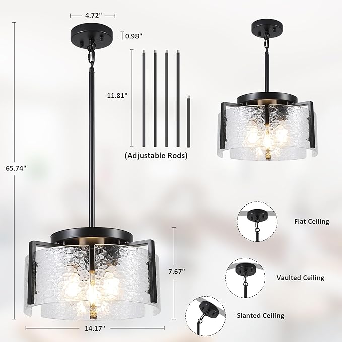 Black Chandelier for Dining Room Light Fixture, 3-Light Glass Entryway Light Fixture, Adjustable Pendant Lights Kitchen Island Modern Farmhouse Kitchen Foyer Chandelier for Entryway, Bedroom, Bathroom