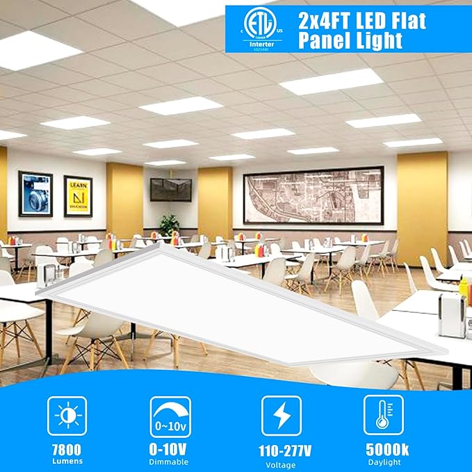12PCS 2x4 LED Flat Panel Light Drop Ceiling Office Shop Fixture, 7800LM 5000K Recessed Edge-Lit Troffer Fixture, Dimmable 0-10V LED Drop Ceiling Light for Commercial Office, ETL Listed