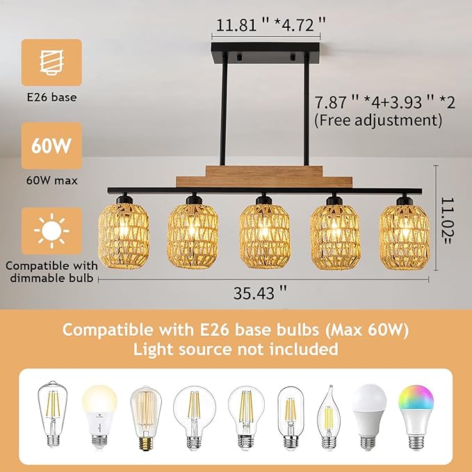 Dining Room Light Fixture 5 Light Large Rattan Kitchen Island Lighting with Boho Wicker Shade Chandelier Farmhouse Hanging Pendant Light for Living Room Bar Restaurant Bedroom