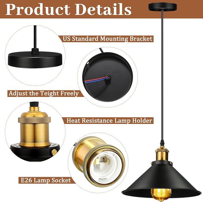 24 Pcs Industrial Pendant Light Vintage Metal E26 Base Hanging Light Rustic Dome Pendant Lamp Fixture Farmhouse Kitchen Hanging Ceiling Lamp for Dining Room Bedroom Hallway Bar (Black)