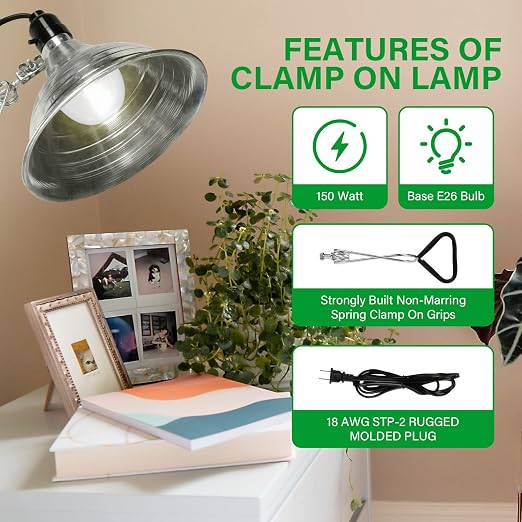 Simple Deluxe Clamp Lamp Light Socket with 8.5 Inch Aluminum Reflector, Suit for Max 150 Watt Lamp (No Bulb Included) with 18/2-Gauge 6 Feet Cord, 1-Pack