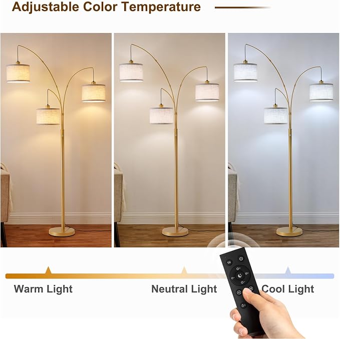 Dimmable Floor Lamp with Remote, Beige Shade Gold Pole | 2400LM Super Bright, Independently Controlled 9W LED Energy-Saving Light Bulb, 80" Tall Lamps for Living Room
