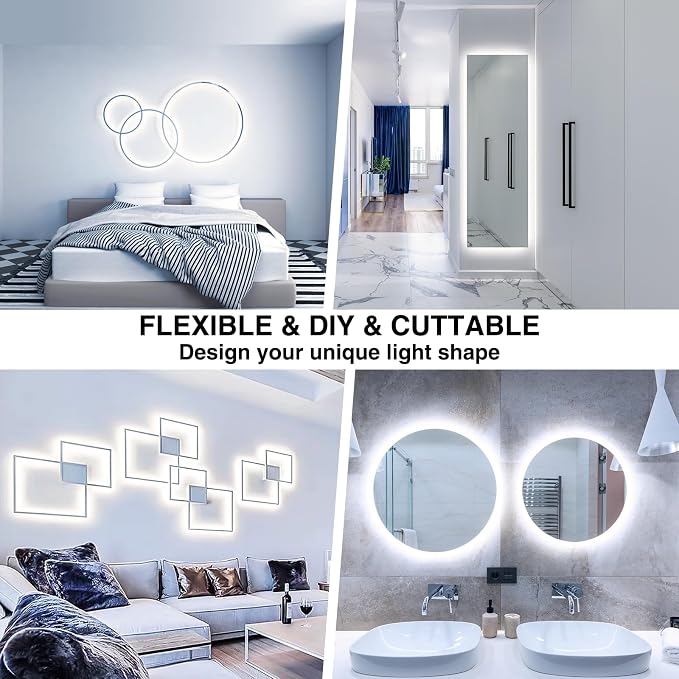 Onforu LED Strip Lights,39.37ft 6000K Dimmable Daylight White Tape Light,12m 720 LEDs 2835 Flexible Ribbon Mirror Light, 12V Adhesive Rope Lights for Kitchen, Under Cabinet, Bedroom