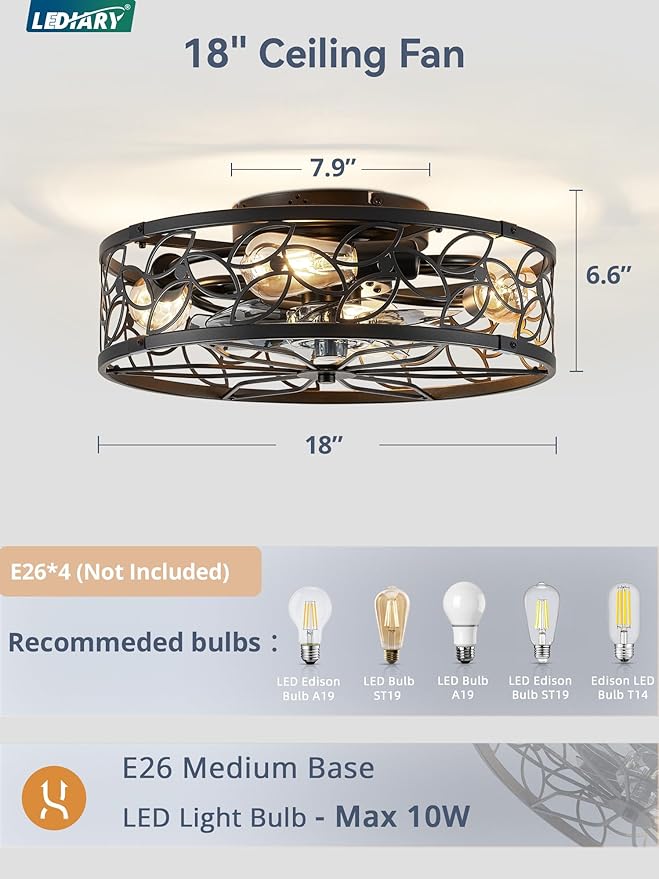 LEDIARY Caged Ceiling Fan with Light, Flush Mount Fandalier with Remote | Low Profile, Farmhouse Small, Bladeless Industrial, Quiet DC Motor, App Control for Bedroom, Kitchen, Dining Room, Walnut