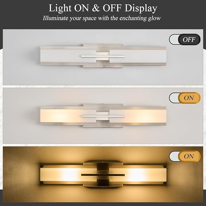 VitaLink 24” Bathroom Vanity Light, Satin Nickel 2-Light Frosted Glass Wall Lights for Bathroom Hardwired Wall Mount Lighting Fixtures for Living Room Bedroom E12