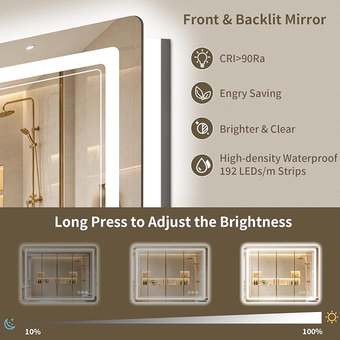 24"x36" LED Bathroom Mirror with Lights, Backlit + Front Lit, Anti-Fog, Lighted Bathroom Mirror for Wall, HD Shatterproof Tempered Glass, Dimmable, Memory Function (Horizontal/Vertical)