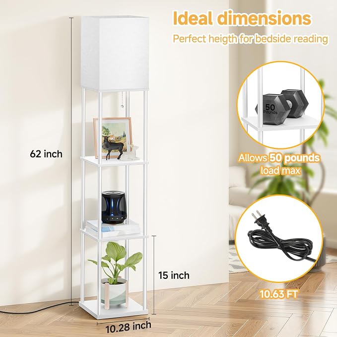 SHINE HAI Floor Lamp with Shelves, 3-Tier Square Modern Shelf Lamp | 3CCT Bright Bulb Included, Tall Standing Lamps for Living Room Bedroom Office