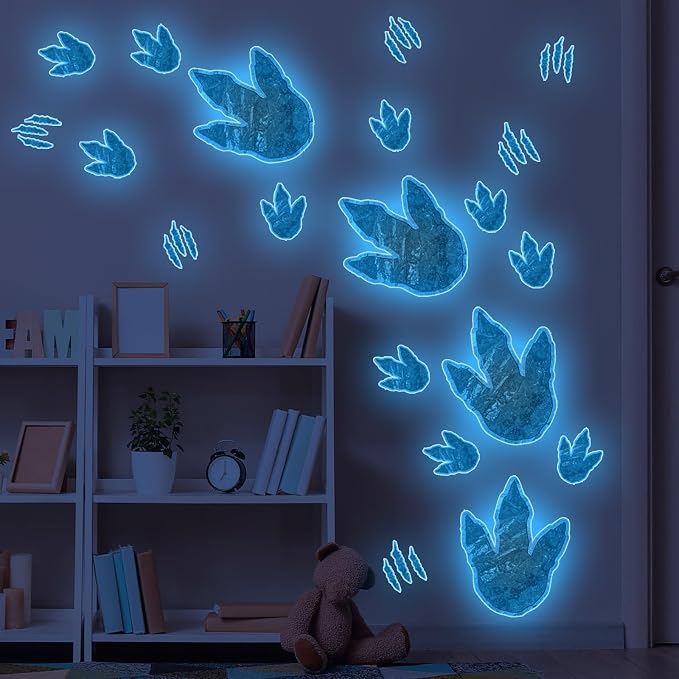 Nightlight Blue Dinosaur Footprint Wall Stickers 2 Sheets Decor | Glow in the Dark Dino Tracks Reusable Wall Decal Luminous Glass Doors Decor for Kids Room Home Playroom Decoration