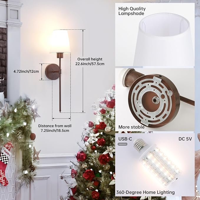 Shenmoyl Battery Operated Wall Sconces Set of 2, Walnut Finish Wall Lamp 6000 mAh Rechargeable Bulb with 12 RGB Colors Dimmable Wall Sconce for Living Room Bedroom