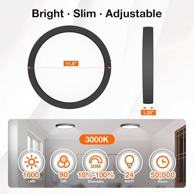 Sylvania 12" LED Flush Mount Ceiling Light Fixture, 24W, 1600 LMS, Hardwired, 3000K, Warm White, Black, LED Lights for Bedroom Kitchen Hallway Porch - 1 Pack (66459)