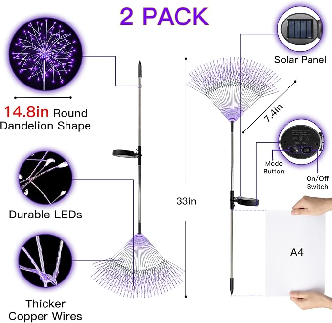 2 Pack Purple Halloween Lights Outdoor, 150LED Purple Solar Garden Lights with 8 Modes, Waterproof Solar Firework Light for Halloween Yard Garden Decorations