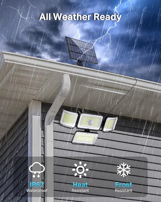 CLAONER Solar Outdoor Lights Motion Sensor 3500LM 288 LED Security Light with Remote Control IP67 Waterproof 4 Heads Flood Lights with 16.4ft Cable 4 Modes (1 Pack)