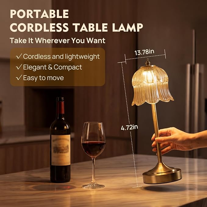 Flower Battery Operated Rechargeable Lamp Cordless, Tulip, Amber | Small, Vintage, Gold, Wireless, LED, Dimmable, Table, Home Decor, Bedroom, Bedside, Nightstand, Birthday Gifts for Women