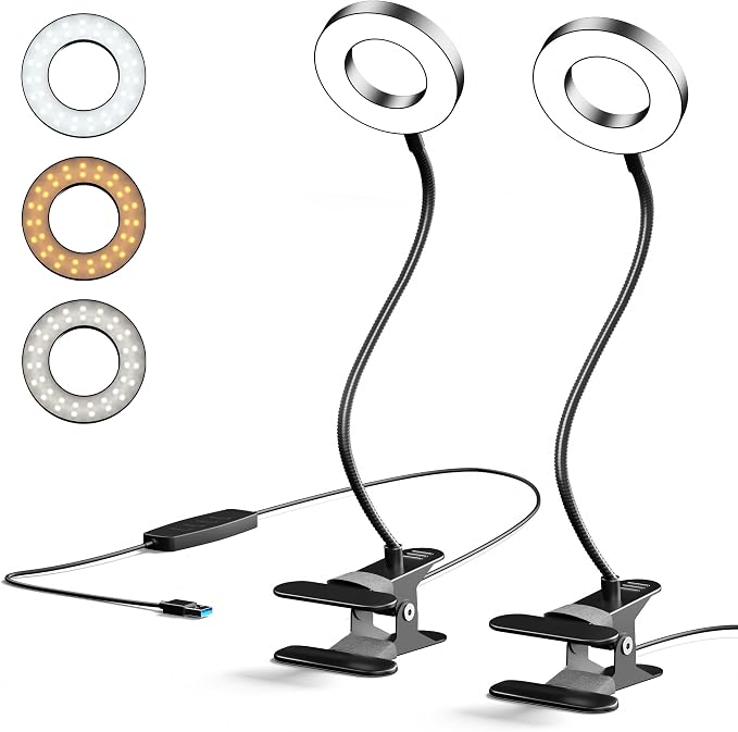 2 Pack LED Clip on Desk Lamp, Metal 360 Adjustable Neck | Eye-Caring Clamp Lamp, Memory Function, 3 Color Modes & 10 Brightness Levels, For Home, Office, Dorm, Bedroom