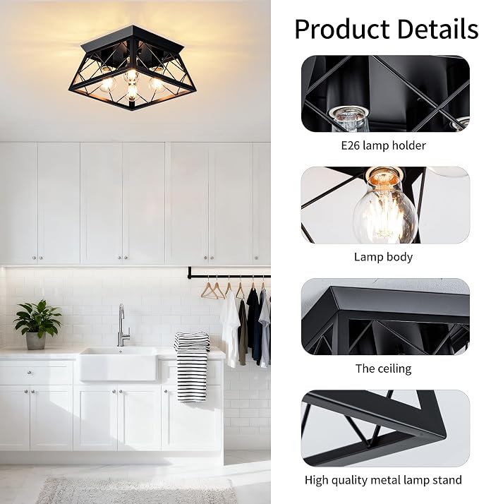 Mayful Black Farmhouse Flush Mount Ceiling Light Fixturet, 4-Light Rustic Hallway Light Fixtures, Square Industrial Close to Ceiling Light Fixtures for Kitchen Entryway Foyer, Bulb Not Included
