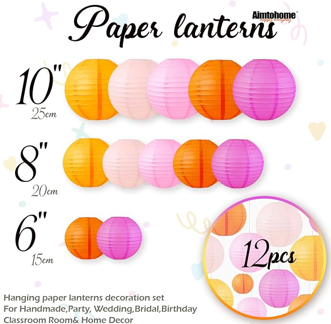Vivid Color Paper Lanterns Set (12 Pcs) - 6/8/10 Inch Pink Orange Gradient Hanging Lanterns for Handmade, Party, Birthday,Bridal & Weeding,Baby Shower,Home Decor