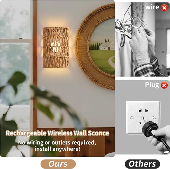 Battery Powered Wall Sconce, Rattan Rechargeable Wall lamp, Bohemian Wall Sconces with Remote Control RGB Dimmable, Wireless Wall Sconce Set of 2 for Bedroom, Hallway, Living Room