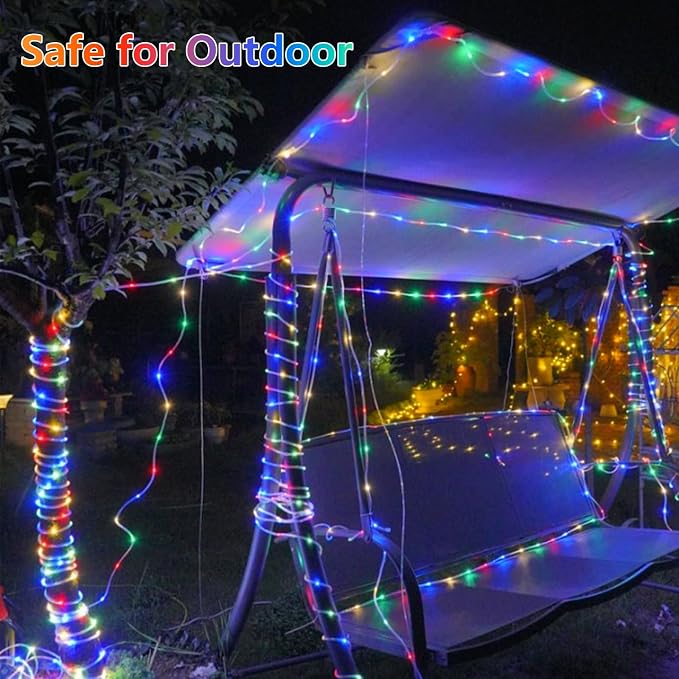 QITONG Solar Rope Lights Outdoor, 66ft 200 LED Multicolor Solar Tube Lights, Trampoline Fairy Lights in Clear Thin Tube with 8 Modes