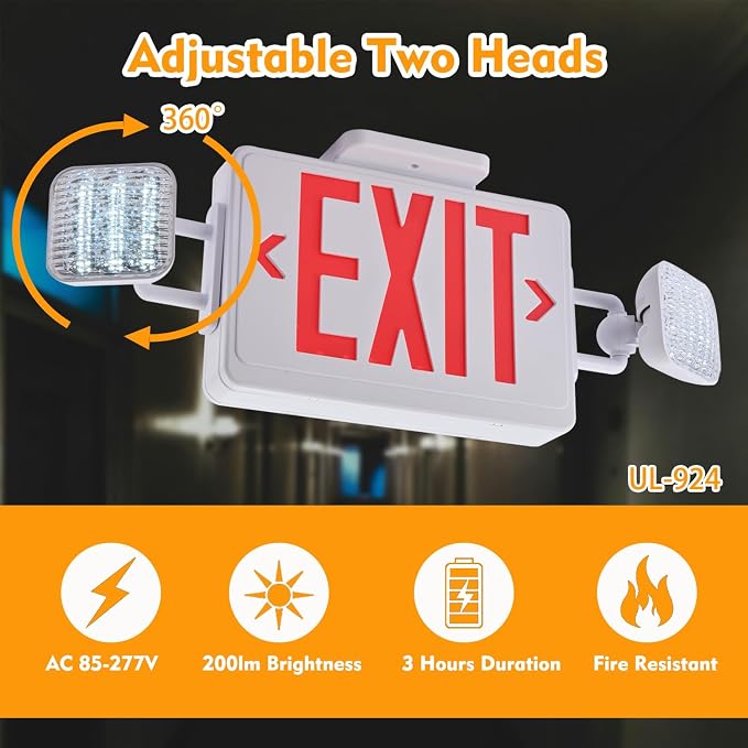 Red Exit Sign with Emergency Lights, 200lm 3Hours Plug in Exit Sign Battery Backup Lights for Business,Commerical Emergency Lighting Combo UL 924 AC85-277V Double Face