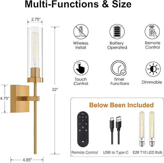 Wireless Wall Sconces with Remote Control, Brushed Gold Battery Operated Wall Sconce Set of 2, Dimmable Rechargeable Wall Decor Lights for Living room Dining room Bathroom Bedroom Hallway Stairwell