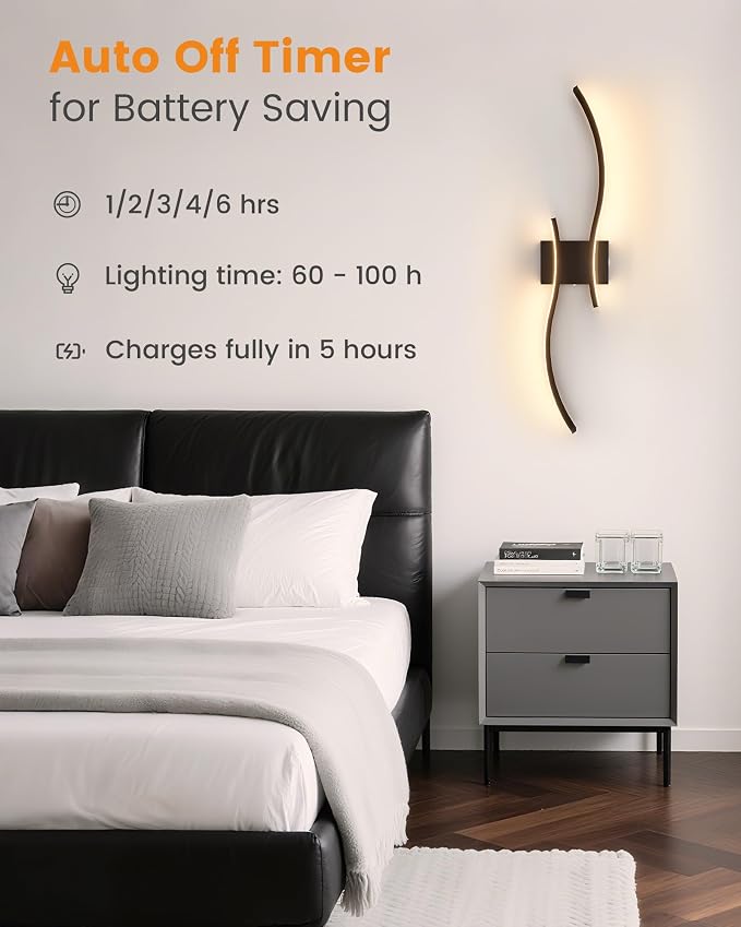 VOLISUN Battery Operated Wall Sconces Set of Two, 27.6 inch Wireless Wall Sconces, 3000K-6500K Dimmable Wall Lamps with Remote, Rechargeable Black Wall Lights for Living Room, Hallway, Bedroom