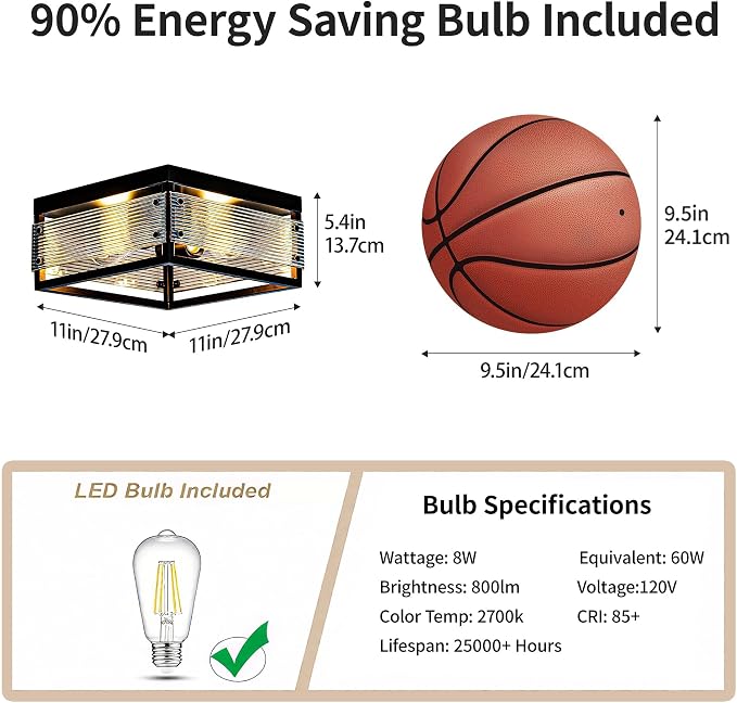 MAYNA 2-Light Square Industrial Flush Mount Ceiling Light, Black Metal Hallway Light Fixture with LED Bulb, Modern Ceiling Light for Bedroom Kitchen Entryway Dining Room