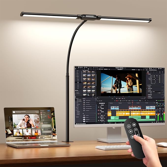 LED Desk Lamp with Clamp - Double Head Desk Light with Remote and Touch - Eye Protection - 12 W, 5 Color Modes, Timer and Memory Function, Flexible Gooseneck - for Office, Reading - Black