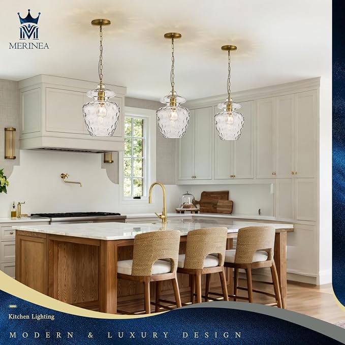 Modern Gold Pendant Lights Hammered Glass Pendant Lighting 9" Single E26 Hanging Ceiling Light for Kitchen Island Dining Room Hallway Bedroom Entryway