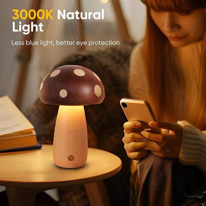YIEONSHION LED Wood Mushroom Table Lamp, Rechargeable Cordless Touch Bedside Lamps, Wireless Stepless Dimming Night Light, Portable Battery Lamp for Bedroom Nightstand for Birthday Gifts (DMG-Big)