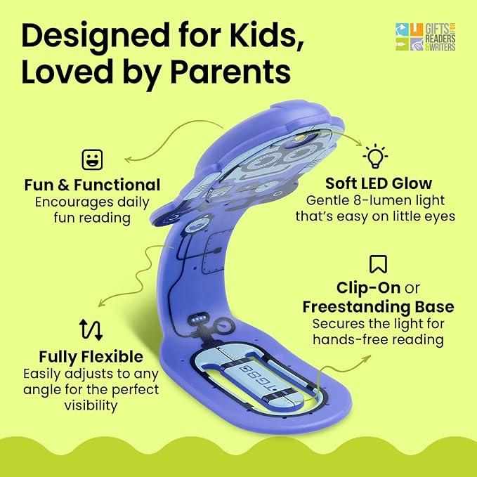 Gifts for Readers & Writers Book Light for Kids, Clip On Reading Light for Bed, 2in1 Flexilight Pals & Bookmark, Small & Lightweight with a Soft Glow, 2 Batteries Included, Robot Purple