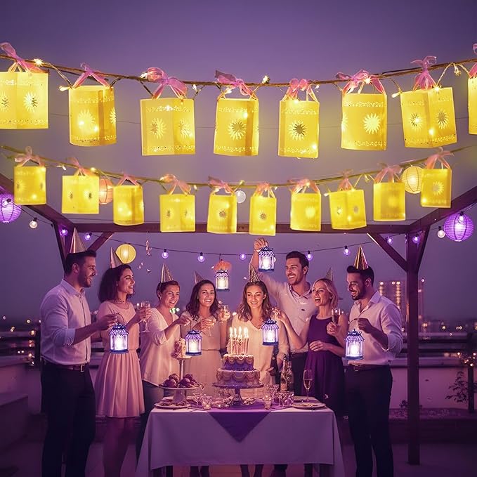 20 Pack Princess Sun Hanging Lanterns with LED Light Purple Princess Hanging Paper Lanterns DIY Set Sun Cutout Square Round Decorations for Photo Props Birthday Party (White)