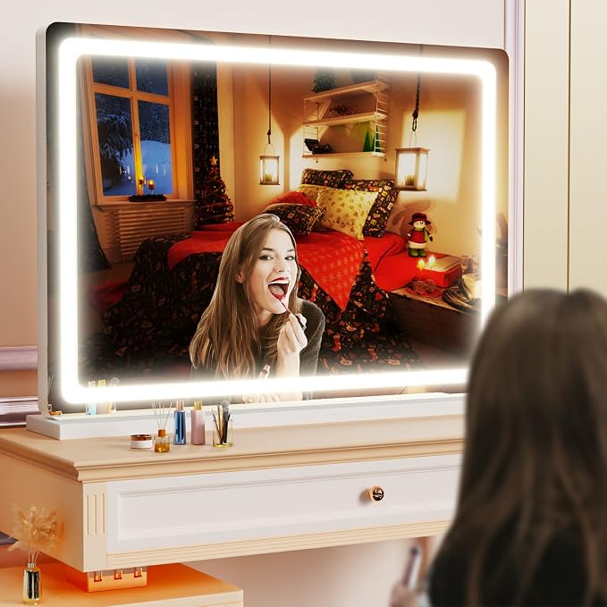 Gvnkvn Makeup Vanity Mirror with Lights 32" x 24" Large LED Makeup Mirror, Light up Mirror with 10X Magnification and USB Charging Port, with Dimmable 3 Modes, Touch Screen Control Round White