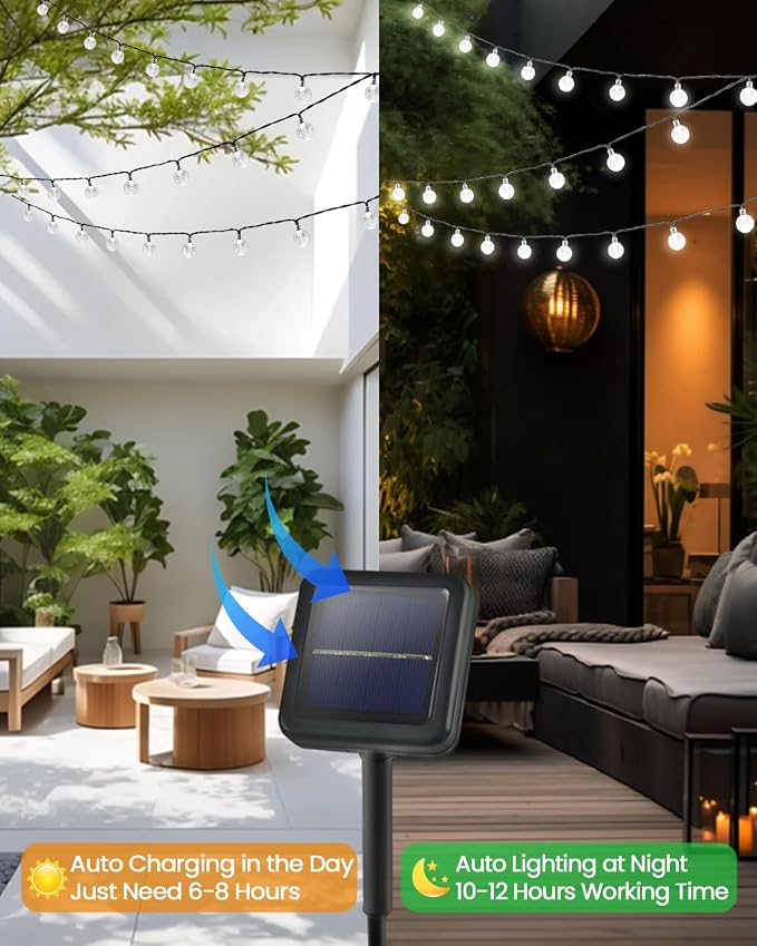 LORRYTE Solar String Lights Outdoor 32FT 50 LED Patio Lights, White | Crystal Globe, IP65 Waterproof, Auto On/Off, 8 Modes Solar Powered Light for Outside Garden Yard Wedding Porch Party Decor