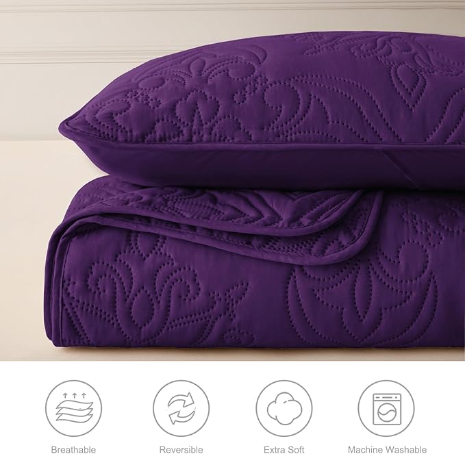 Whale Flotilla Twin Quilt Bedding Set Vintage Damask Reversible Bedspread | Suitable for Bed, 2 Pieces Purple Lightweight Breathable Quilts Twin Size, Ultrasonic Coverlet Bed Cover with 1 Pillow Sham