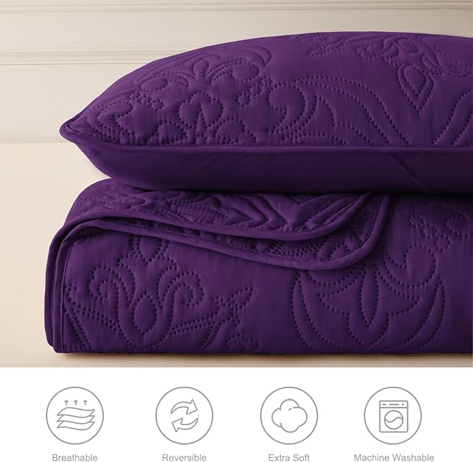 Whale Flotilla Queen Quilt Bedding Set Vintage Damask Reversible Bedspread | Suitable for Bed, 3 Pieces Purple Lightweight Breathable Quilts Queen Size, Ultrasonic Coverlet Bed Cover with 2 Pillow Shams