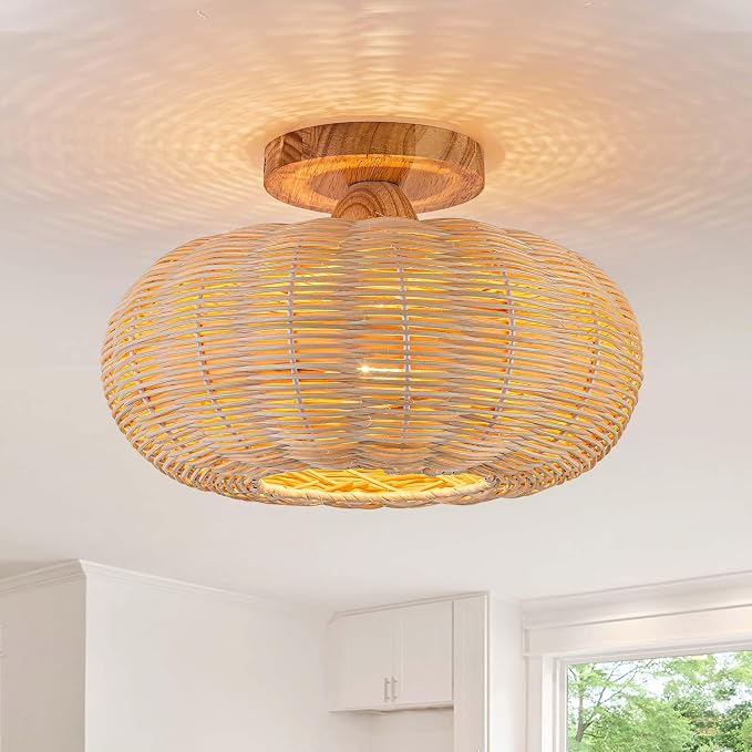 Rattan Ceiling Light Fixtures,Boho Chandelier Small Flush Mount Ceiling Light,12'' Handwoven Ceiling Lamps,Wooden Rattan Lampshade,Rustic Boho Ceiling Light for Bedroom,Hallway,Nursery,Farmhouse