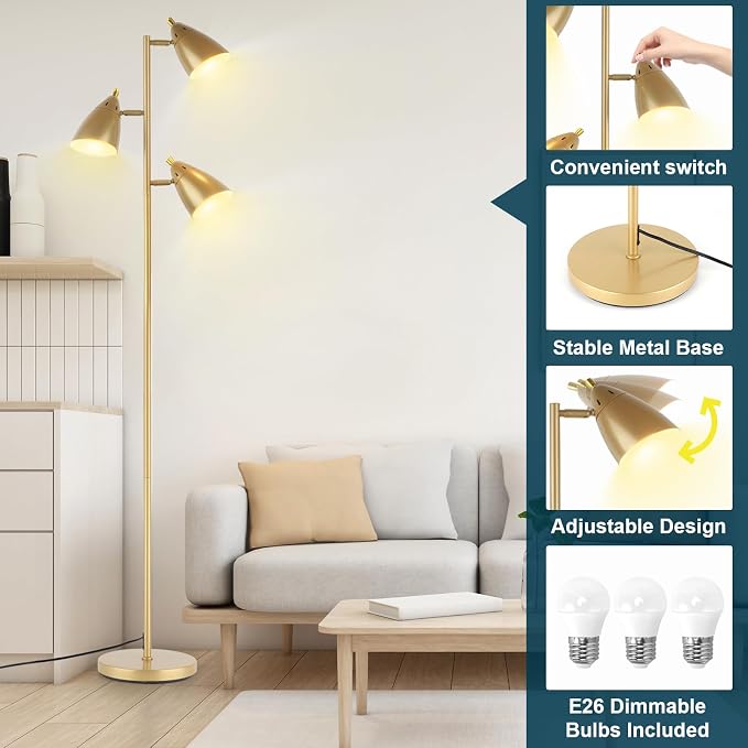 LALISU Tree Floor Lamp for Living Room, Industrial 3-Light Standing Lamp with 3 LED Bulbs, Adjustable Rotation Heads, Standing Tall Pole Lamp Farmhouse Rustic Reading Lamps for Bedroom Office (Gold)