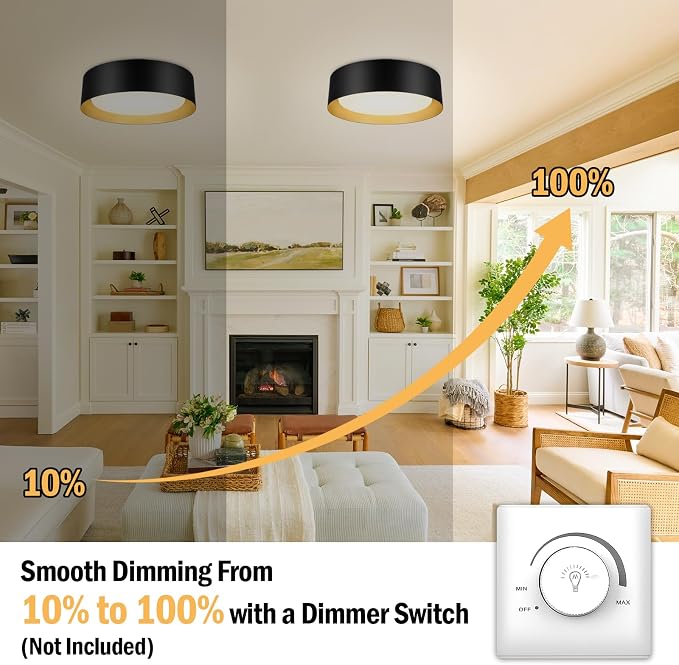 Flush Mount Ceiling Light, 13in Modern Ceiling Light 5 Color Temperature | 25W Bathroom Ceiling Light Fixture, 2600LM Dimmable LED Flush Mount Light for Bedroom, Hallway, Kitchen, Black & Gold, 2-Pack