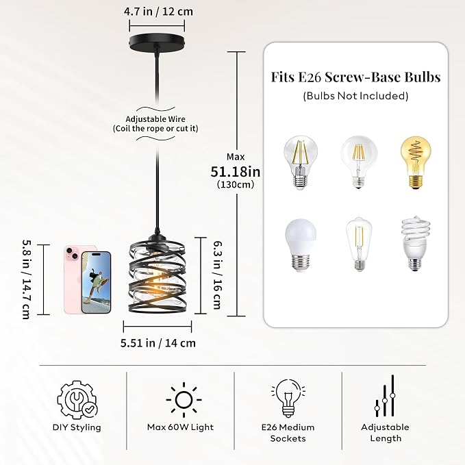 3 Light Pendant Lighting, Farmhouse Hanging Light Fixture for Kitchen Island & Dining Room, Industrial Vintage Ceiling Lamp with E26 Base, Adjustable Height, Black Spiral Cage Glass Pendant